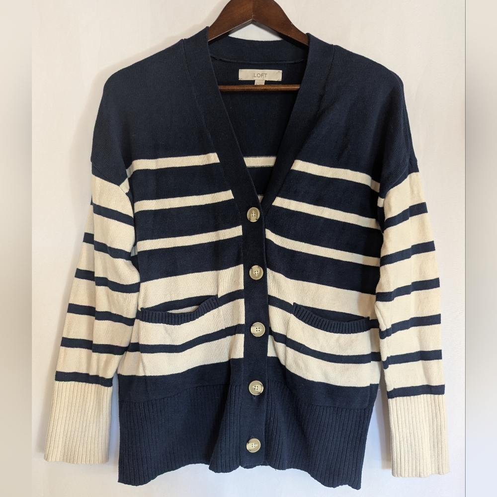 LOFT Women's Medium Navy Cream Striped Cardigan Sweater Oversized Relaxed Fit